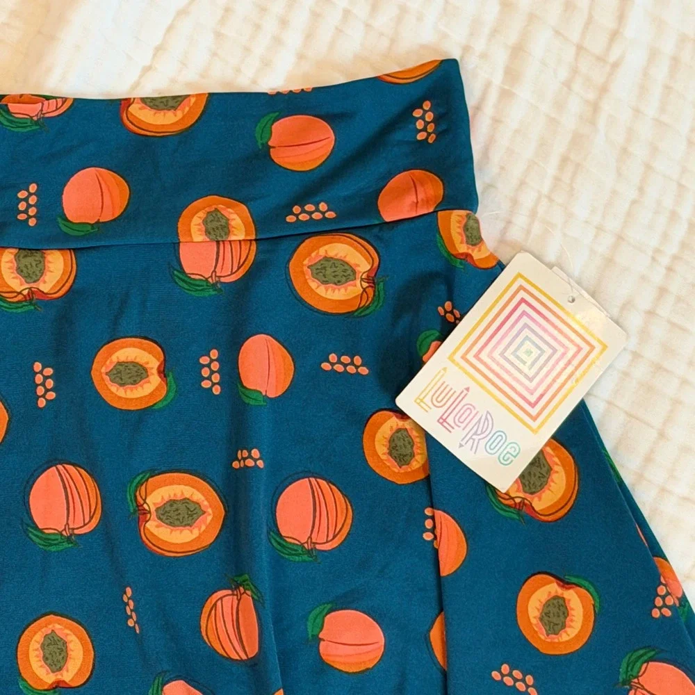LuLaRoe‎ Kids Peach Fruit Print Teal Circle Skirt Size 8 Cottagecore Whimsical